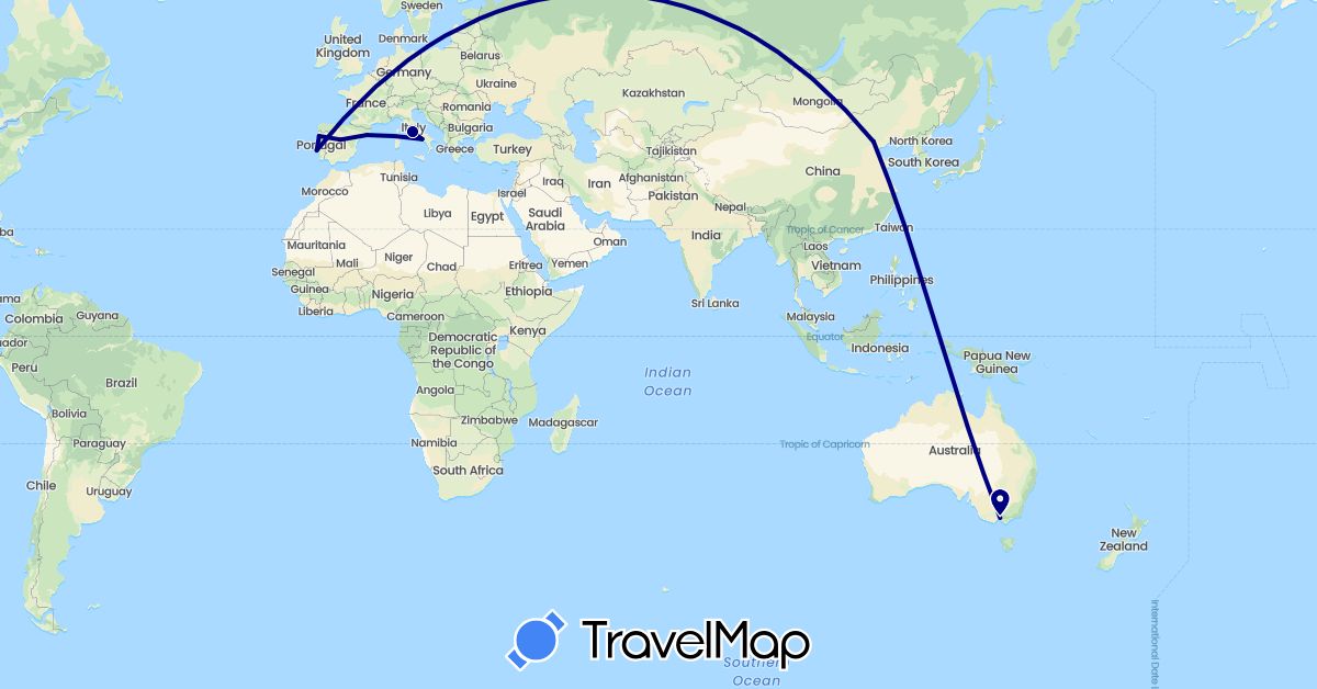 TravelMap itinerary: driving in Australia, China, Spain, Italy, Portugal (Asia, Europe, Oceania)
